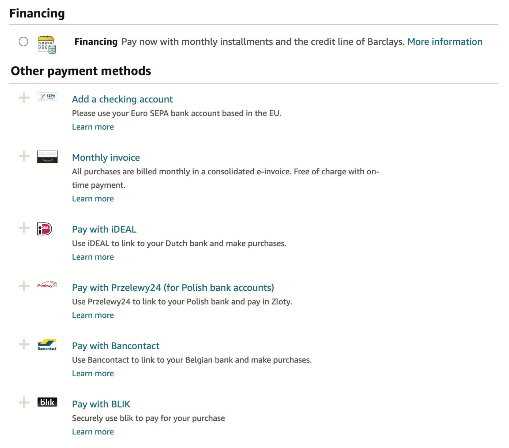 Spoiled for choice. Amazon continues to add new ways for customers in Europe to optimize their shopping experience such as offering local payment options