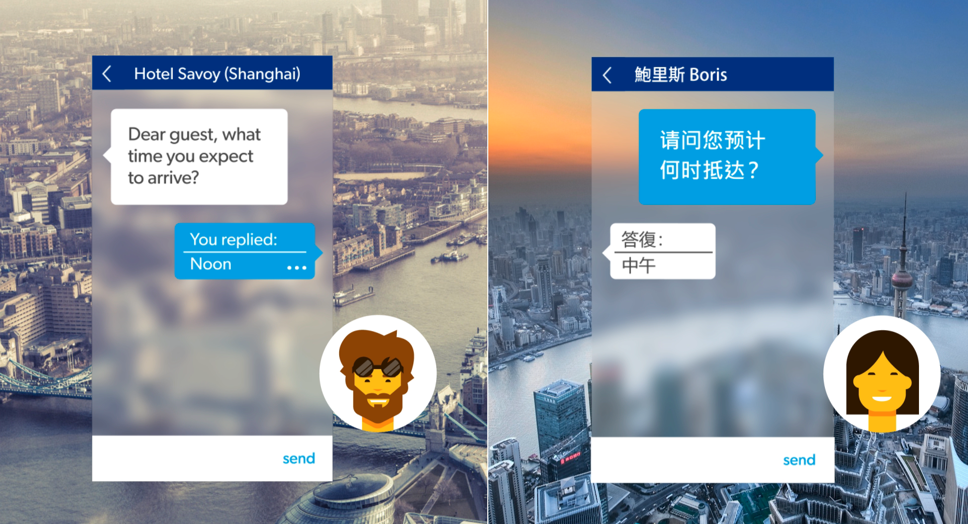 The Booking Messages interface features automatically pre-translated templates